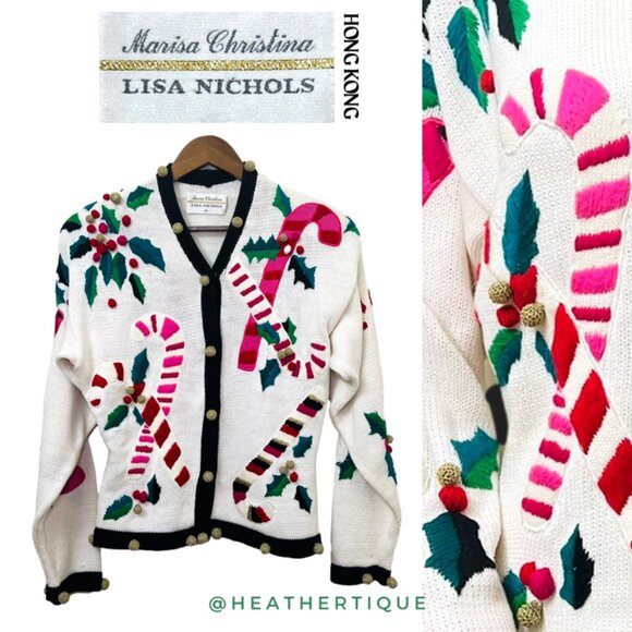 Vintage Sweaters - Rare Vintage Marisa Christina Candy Cane Knit Cardigan Ugly Christmas Sweater